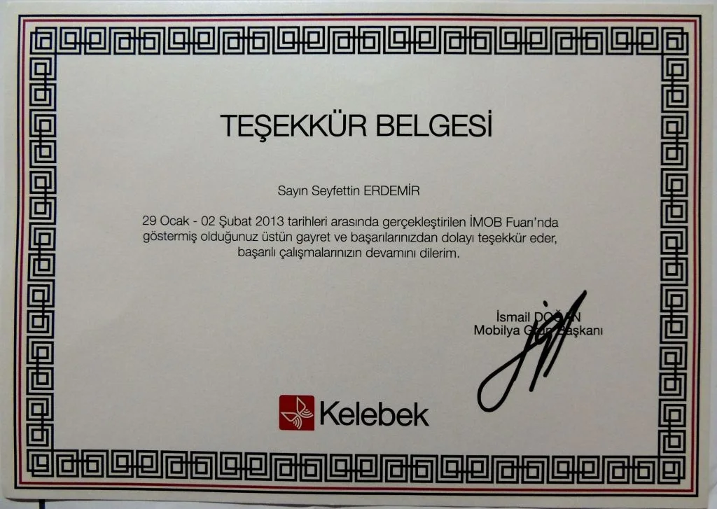 Kelebek Mobilya Teşekkür Belgesi Kelebek Mobilya Teşekkür Belgesi